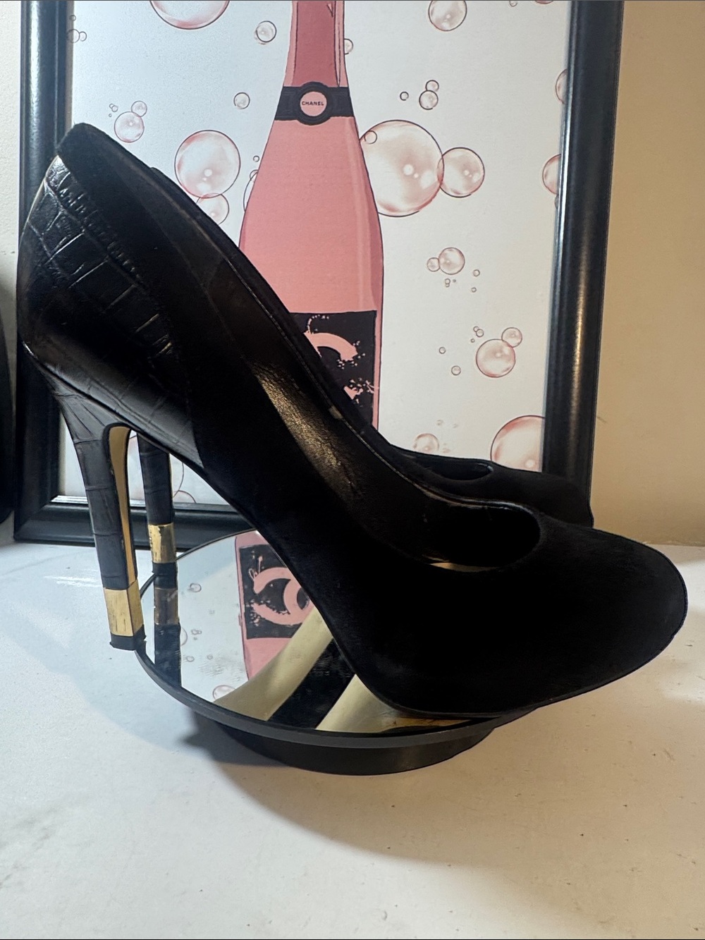 Guess Margoo Black High Heel Pumps with Gold Accent - Women’s Size 9.5M
